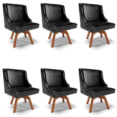 Kit 6 Cadeiras Estofadas Base Giratória De Madeira Lia Sintético Premium Preto - Ibiza