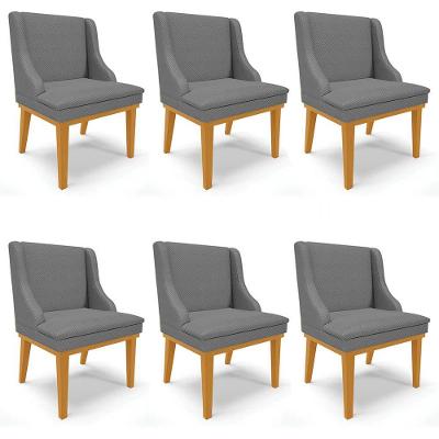 Kit 6 Cadeiras Estofadas Para Sala De Jantar Base Fixa De Madeira Castanho Lia Veludo Grafite