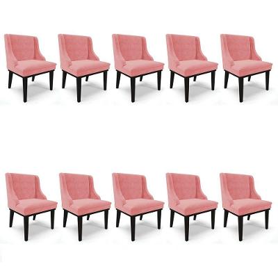 Kit 10 Cadeiras Estofadas Para Sala De Jantar Base Fixa De Madeira Preto Lia Suede Rosê - Ibiza