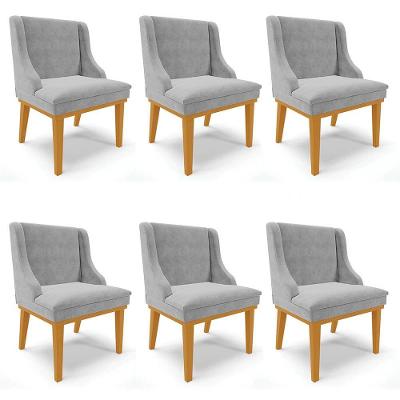Kit 6 Cadeiras Estofadas Para Sala De Jantar Base Fixa De Madeira Castanho Lia Suede Cinza - Ibiza