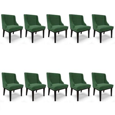 Kit 10 Cadeiras Estofadas Para Sala De Jantar Base Fixa De Madeira Preto Lia Veludo Verde - Ibiza