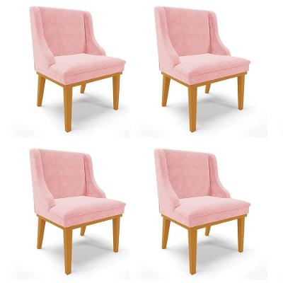 Kit 4 Cadeiras Estofadas Para Sala De Jantar Base Fixa De Madeira Castanho Lia Suede Rosa-Ibiza