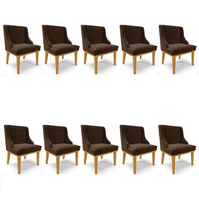 Kit 10 Cadeiras Estofadas Para Sala De Jantar Base Fixa De Madeira Castanho Lia Suede Marrom - Ibiza