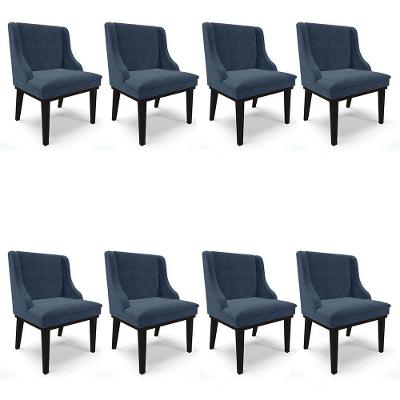 Kit 8 Cadeiras Estofadas Para Sala De Jantar Base Fixa De Madeira Preto Lia Suede Azul Marinho