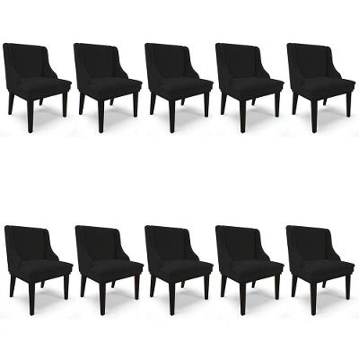 Kit 10 Cadeiras Estofadas Para Sala De Jantar Base Fixa De Madeira Preto Lia Linho Preto - Ibiza