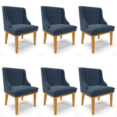 Kit 6 Cadeiras Estofadas Para Sala De Jantar Base Fixa De Madeira Castanho Lia Suede Azul-Ibiza