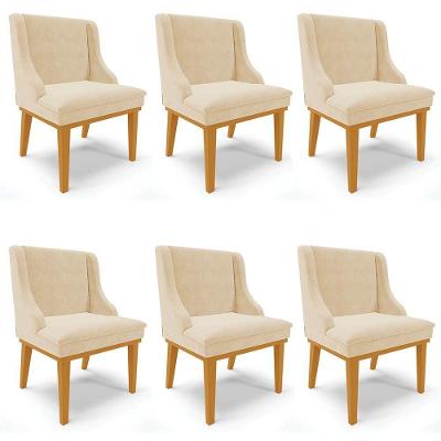 Kit 6 Cadeiras Estofadas Para Sala De Jantar Base Fixa De Madeira Castanho Lia Suede Bege - Ibiza
