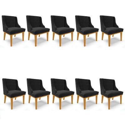 Kit 10 Cadeiras Estofadas Para Sala De Jantar Base Fixa De Madeira Castanho Lia Suede Preto - Ibiza