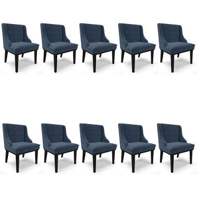 Kit 10 Cadeiras Estofadas Para Sala De Jantar Base Fixa De Madeira Preto Lia Suede Azul Marinho