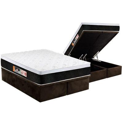 Cama Box Baú King: Colchão Espuma D45 Castor Black e White Air Euro Pillow + Base CRC Suede Brown(193x203)
