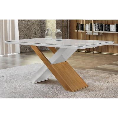 Mesa de Sala Jantar Imperatriz + Tampo Madeirado Vidro Curvo 180x90cm Off White/Imbuia-Vidro Off White - Rufato