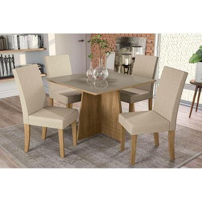 Sala de Jantar Completa Lótus c/ Tampo Madeirado c/ Vidro 105cm + 4 Cadeiras CAD131 Freijó/Bronze/Bege - Kappesberg