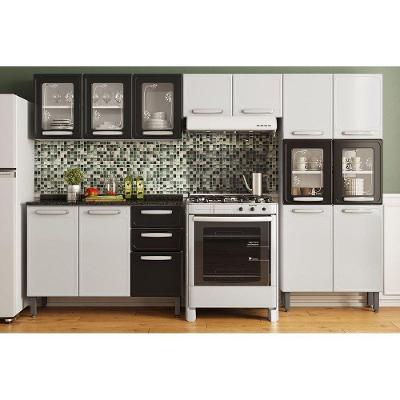 Cozinha Modulada Completa Evidence 4 Peças (2 Armários + 1 Balcão + 1 Paneleiro) C4P55 Branco/Preto - Bertolini