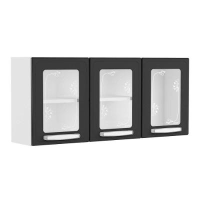 Armário Aéreo p/ Cozinha  Evidence 7009 3 Portas c/ Vidro 120cm Branco/Preto - Bertolini