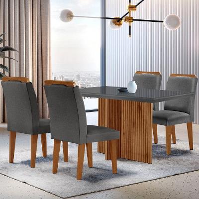 Sala De Jantar Mesa Olímpia 120cm Mdf Vidro Canto Reto Com 4 Cadeiras Athenas Grafite Com Imbuia