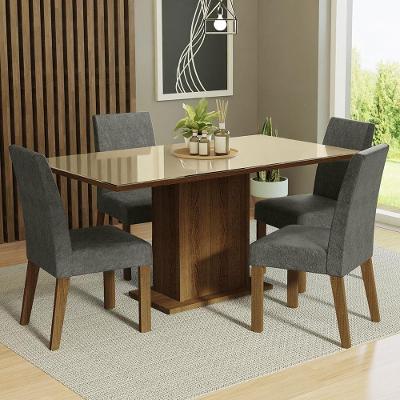 Conjunto Sala De Jantar Mesa Tampo De Vidro 4 Cadeiras Rustic/crema/silver