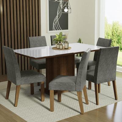 Conjunto Sala De Jantar Mesa Tampo De Vidro 6 Cadeiras Rustic/branco/silver