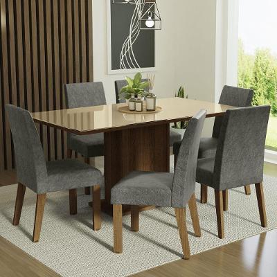 Conjunto Sala De Jantar Mesa Tampo De Vidro 6 Cadeiras Rustic/crema/silver