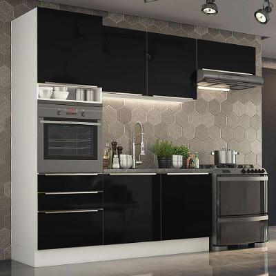 Cozinha Lux com Armário e Balcão 6 Portas 3 Gavetas Branco Preto