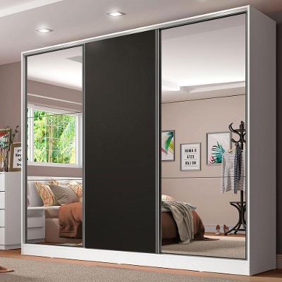 Guarda Roupa Casal 3 Portas de Correr Espelho Branco e preto