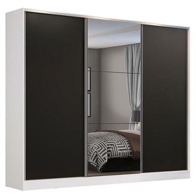 Guarda Roupa Casal 3 Portas de Correr Espelho Branco e Preto