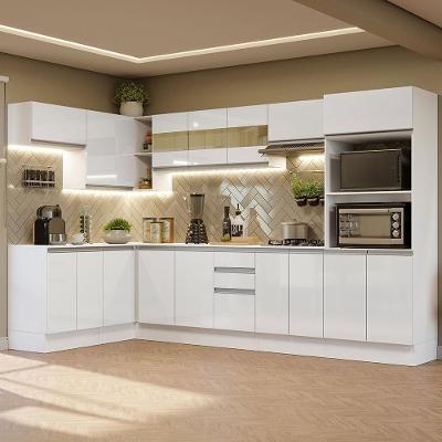 Armário De Cozinha Completa De Canto 100% MDF 447cm Frentes Branco Brilho Smart Madesa 02 Branco