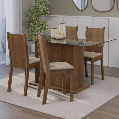 Conjunto Sala De Jantar Mesa Tampo De Vidro 4 Cadeiras Rustic/sintético Bege Espanha Madesa Rustic/sintético Bege