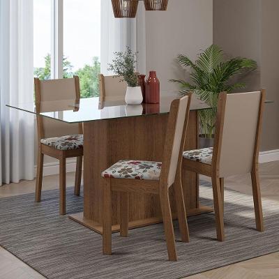Conjunto Sala De Jantar Mesa Tampo De Vidro 4 Cadeiras Rustic/crema/floral Hibiscos Yara Madesa Rustic/crema/hibiscos
