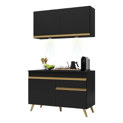 Armário De Cozinha Compacta 120cm Com Leds Veneza Up Multimóveis V2012 Preto/dourado Preto/dourado