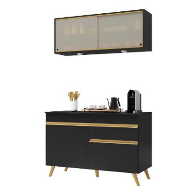 Armário De Cozinha Compacta 120cm Com Leds Veneza Up Multimóveis V2013 Preto/dourado Preto/dourado