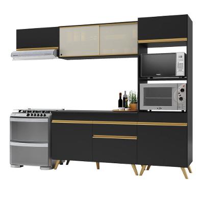 Armário De Cozinha Compacta 252cm Veneza Multimóveis V3691 Preto/dourado Preto/dourado