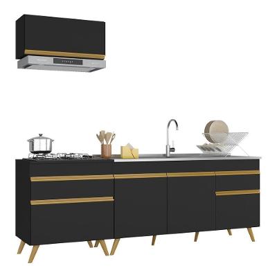 Armário De Cozinha Compacta 220cm Veneza Multimóveis V2074 Preto/dourado Preto/dourado