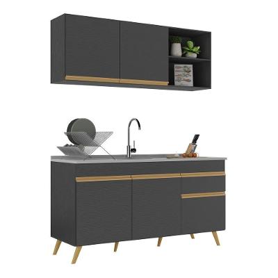 Armário De Cozinha Compacta 150cm Veneza Multimóveis V2142 Preto/dourado Preto/dourado