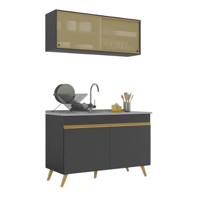 Armário De Cozinha Compacta 120cm Veneza Multimóveis V2140 Preto/dourado Preto/dourado