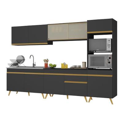 Armário De Cozinha Completa 302cm Veneza Multimóveis V3750 Preto/dourado Preto/dourado