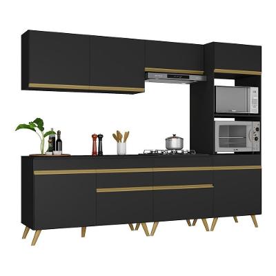 Armário De Cozinha Completa 252cm Veneza Multimóveis V3713 Preto/dourado Preto/dourado