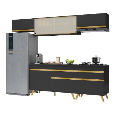 Armário De Cozinha Completa 260cm Veneza Multimóveis V3710 Preto/dourado Preto/dourado