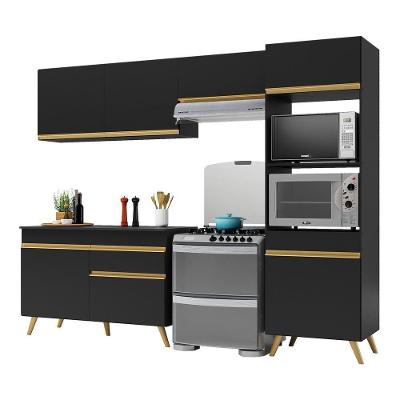 Armário De Cozinha Compacta 252cm Veneza Multimóveis V3693 Preto/dourado Preto/dourado