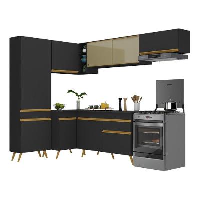 Armário De Cozinha Completa De Canto Veneza Multimóveis V2052 Preto/dourado Preto/dourado
