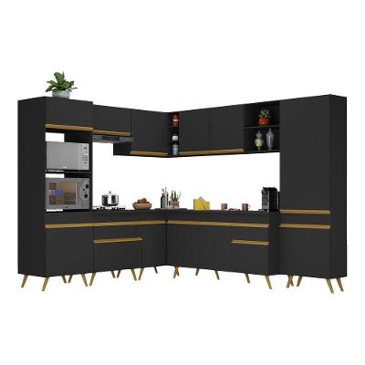 Armário De Cozinha Completa De Canto Veneza Multimóveis V2047 Preto/dourado Preto/dourado