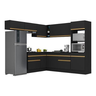Armário De Cozinha Completa De Canto Com Rodapé Veneza Multimóveis V2105 Preto/dourado Preto/dourado