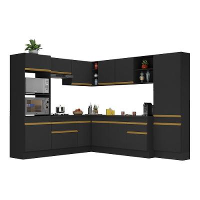 Armário De Cozinha Completa De Canto Com Rodapé Veneza Multimóveis V2082 Preto/dourado Preto/dourado