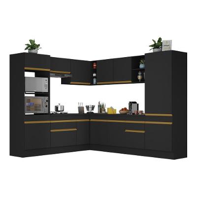 Armário De Cozinha Completa De Canto Com Rodapé Veneza Multimóveis V2081 Preto/dourado Preto/dourado