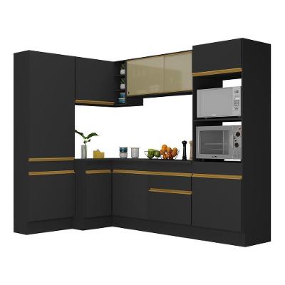 Armário De Cozinha Completa De Canto Com Rodapé Veneza Multimóveis V2085 Preto/dourado Preto/dourado