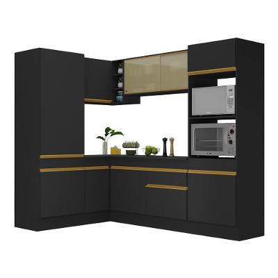 Armário De Cozinha Completa De Canto Com Rodapé Veneza Multimóveis V2084 Preto/dourado Preto/dourado