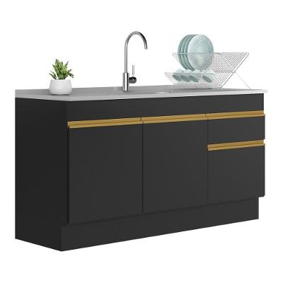 Balcão Cozinha Gabinete Pia 150cm Com Rodapé 3 Portas 1 Gaveta Veneza Multimóveis V2115 Preto/dourado Preto/dourado