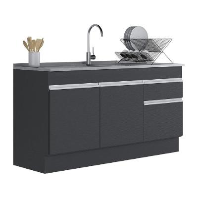 Balcão Cozinha Gabinete Pia 150cm Com Rodapé 3 Portas 1 Gaveta Veneza Multimóveis V2115 Preto/branco Preto/branco