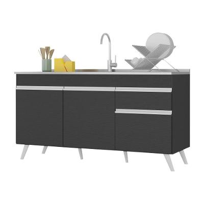 Balcão Cozinha Gabinete Pia 150cm 3 Portas 1 Gaveta Veneza Multimóveis V2072 Preto/branco Preto/branco