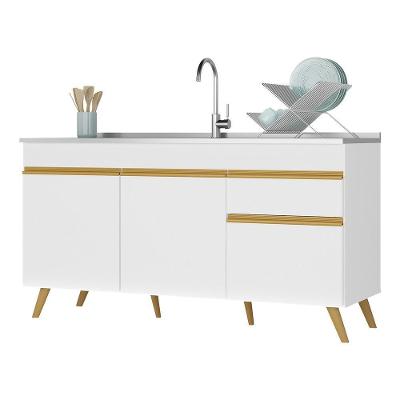 Balcão Cozinha Gabinete Pia 150cm 3 Portas 1 Gaveta Veneza Multimóveis V2072 Branco/dourado Branco/dourado