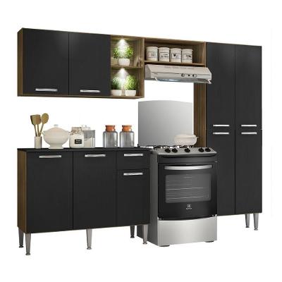Cozinha Compacta C/ 2 Leds 3 Pçs Pequim Multimóveis V3412 Nogueira/Preta Nogueira/Preto